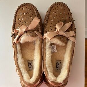 UGG Chestnut Suede Moccasin Slipper with Blush Satin Ribbon